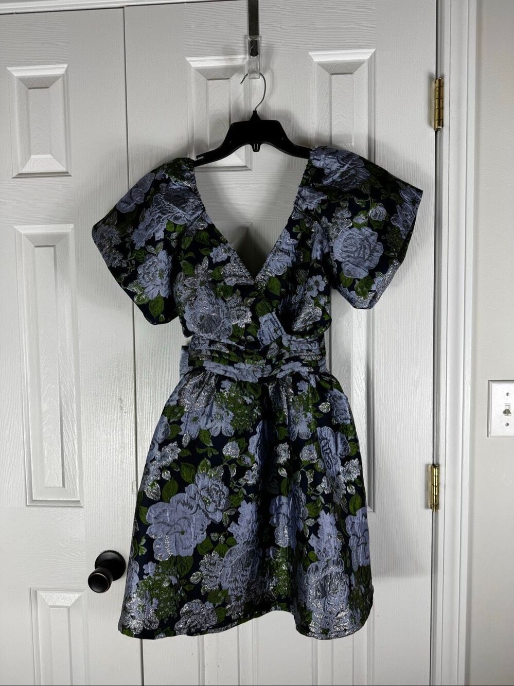 Meet me in Santorini Floral Jacquard Puff Sleeve Womens Mini Dress Size M